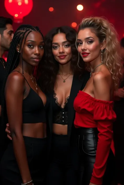 Here is a detailed description for the image:

Three women are in the spotlight, similar in appearance to the photos you provided. They are at a party with a predominantly black and red background., with subtle lighting to highlight the sophisticated noctu...