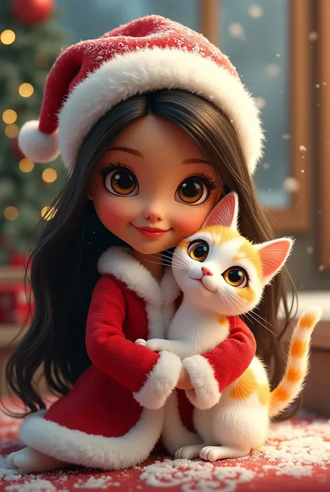 Adult Barbie cartoon Christmas style brown eyes and her cat Khao Manee white and yellow patches on her head and tail