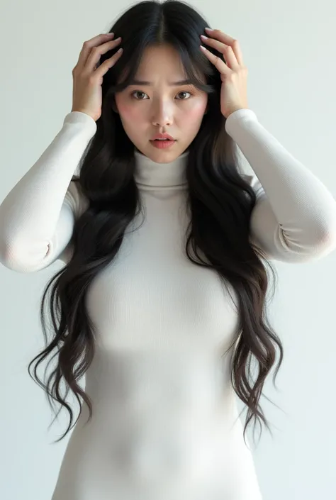 Create an Asian long-haired beauty，Wearing a white turtleneck tights，Full figure，Upper Body，Scratching scalp with both hands，Oily scalp with lots of dandruff，The expression is hideous，The characters are realistic and realistic，Pure white background，9:16 fr...