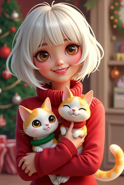 Adult Barbie cartoon Christmas style brown eyes short white hair and her cat Khao Manee white and yellow patches on her head and tail