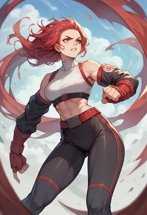 A realistic white woman with waist-length red hair in a fighting suit