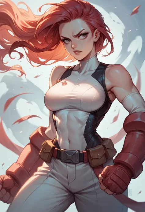 A realistic white woman with waist-length red hair in a fighting suit