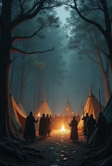 a camp of knights with tents and campfire in the dense dark forest with knights having torches