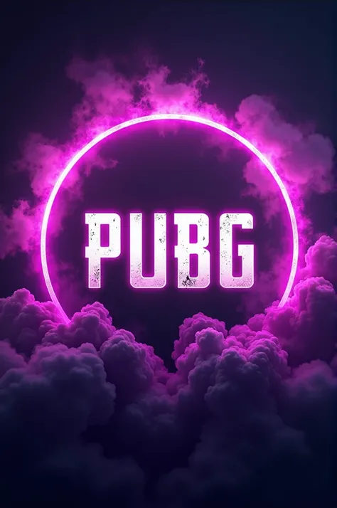 Logo theme pubg beautiful neon color purple smoke clouds and text in a circle in the middle board for nickname 
