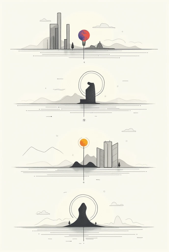 Sequence of horizontal and different drawings of the principles: transcendence, autonomy, singularity, opening for a school