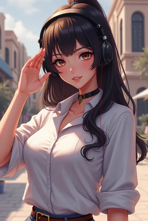 Arabian woman wearing a white shirt and headphones listening to music, artwork in the style of Gwaiz, Anime Style 4 k, Gwaiz, attractive Anime Girls, With headphones, beautiful Anime Girls, Anime Style. 8k, Anime Girls, Trending on cgstation, seductive Ani...