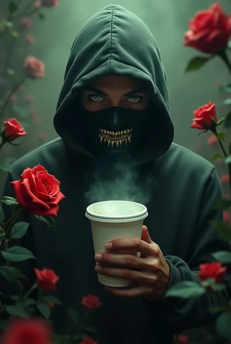 Trap music cover/rap roses and Lean cup some things related to the trap world/rap a white man with a cap hood and mask green eyes 