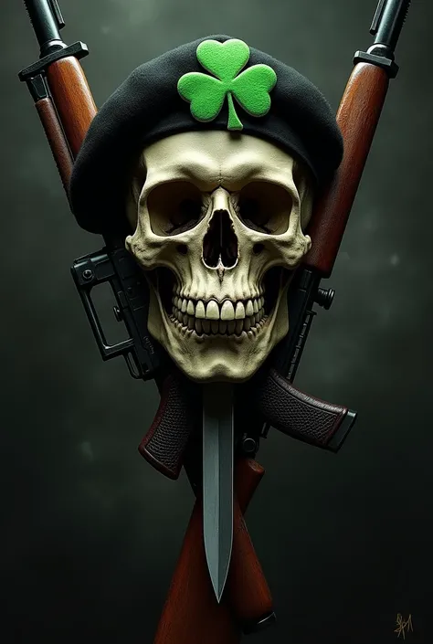 Skull skull wearing a black beret on the beret a green clover, the skull with two rifles through it, and with a knife cutting the middle of the skull 