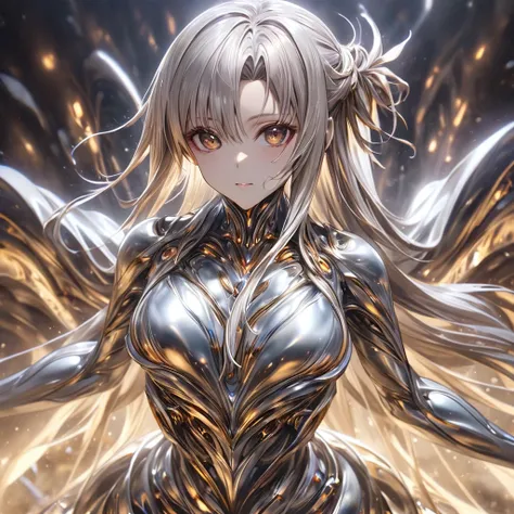 ((Highest quality)), ((masterpiece)), (detailed), （Perfect Face）、The woman is Yuuki Asuna, with metallic silver skin and medium-long silver hair.、The woman is a metallic lifeform made entirely of metal.