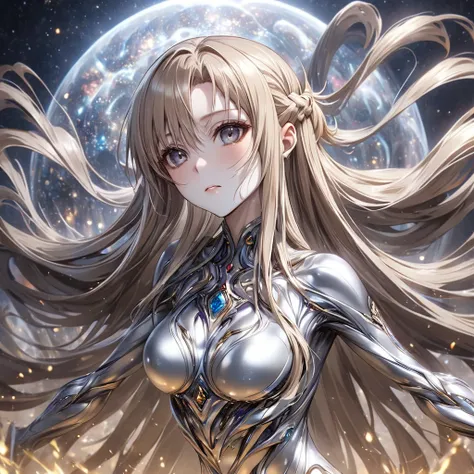 ((Highest quality)), ((masterpiece)), (detailed), （Perfect Face）、The woman is Yuuki Asuna, with metallic silver skin and medium-long silver hair.、The woman is a metallic lifeform made entirely of metal.