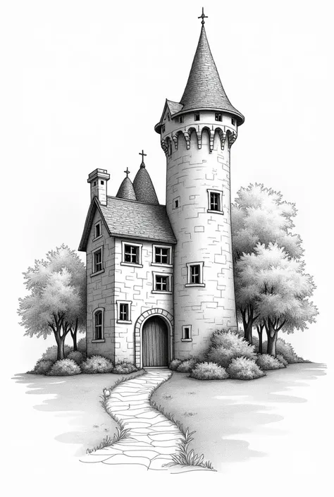 the picture shows a line drawing of a split image, on which on one side you can see a small bakery in a forest and on the other side a castle in a kingdom. the two buildings meet in the middle and merge there by having windows and doors in the same place