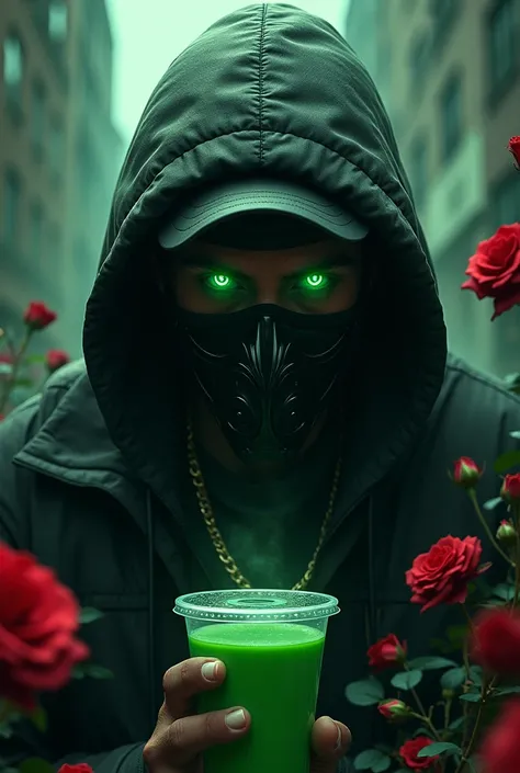 Trap music cover/rap roses and Lean cup some things related to the trap world/rap a white man with a cap hood and mask green eyes 