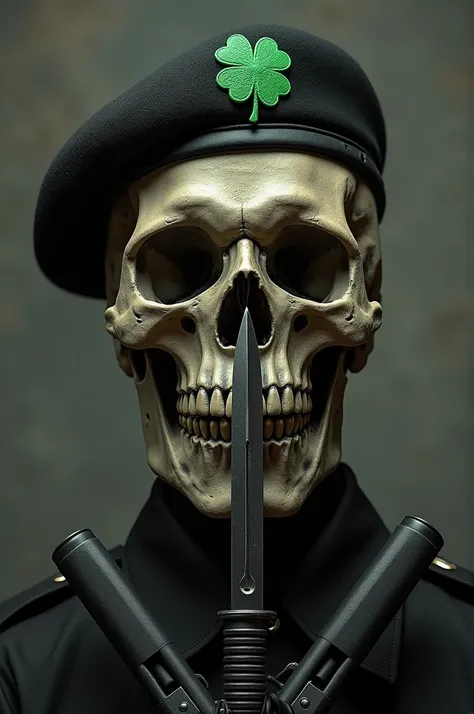 Skull skull wearing a black beret on the beret a green clover, the skull with two fal 7 rifles,62 crossed, and with a knife cutting the middle of the skull 