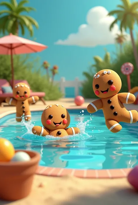 Swimming Gingerbread Cookie, another jumping into the pool, another one resting on the beach, another one relaxing in the pool. 