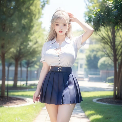 (Highest quality、Tabletop、8k、Best image quality、Award-winning works)、Cute school girl、(White polyester collared shirt:1.2)、(Navy Pleated Skirt:1.2)、Girl portrait photography、Glowing Skin、Platinum Blonde Hair、Are standing、(Large Breasts:1.7)、(Accentuate you...