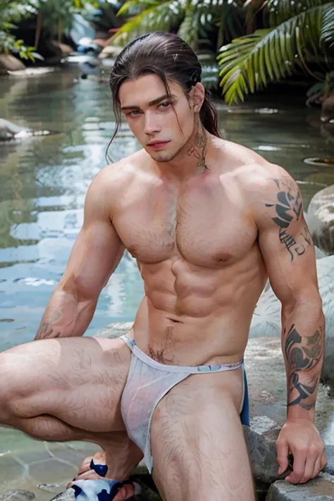 
21 year old boy cinnamon skin long black hair pulled back loose, whitish blue eyes, tattoos on his chest and white horizontal lines on his forehead.  and refined eyes ( similar a  Diaval ) in a lake looking down with a towel on the waist on his back in a ...