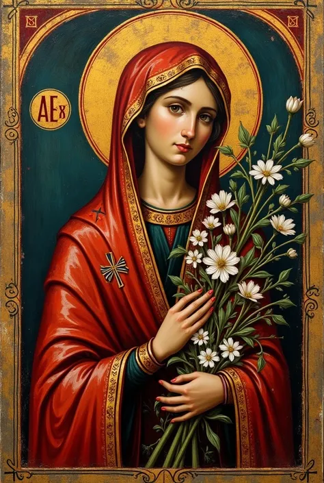 Old orthodoxe painting of Aicha with flowers in a frame, in a sacred orthodoxe style. Icone orthodoxe. Medieval, iconographie religieuse, neo gothique. Vitrail
