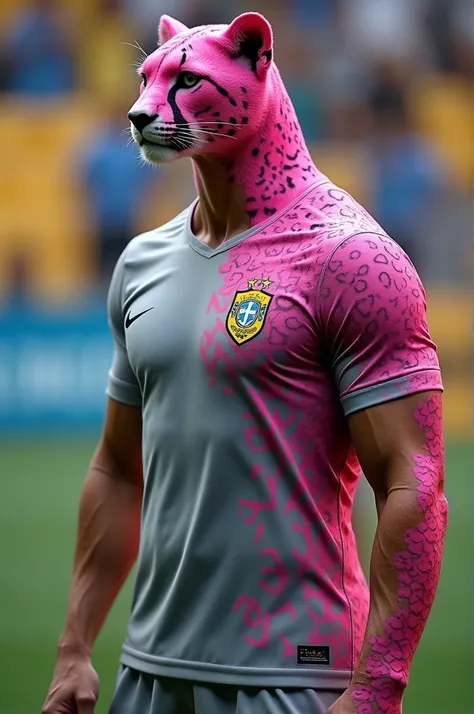 Brazilian soccer uniform without a gray player and a pink cheetah with pink scales on the right shoulder 