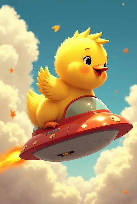 The golden chick prince、5 years old、Riding on a UFO-like vehicle、Teleport