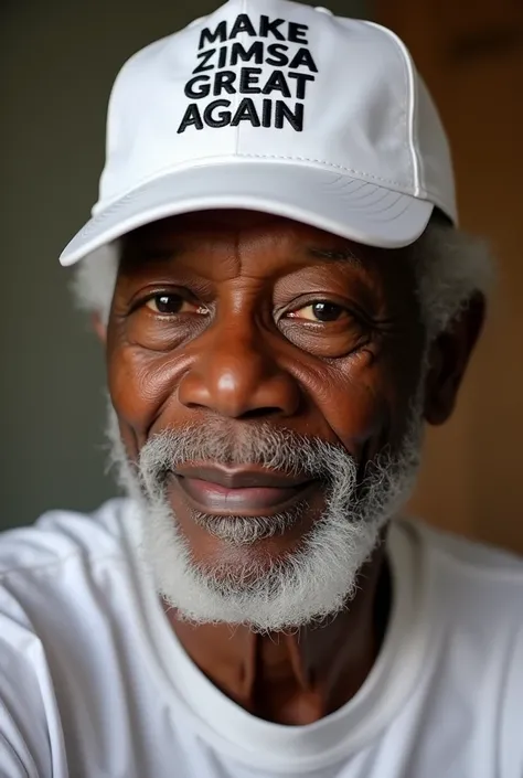 a picture pf Morgan Freeman wearing a white cap written Make Zimsa Great Again