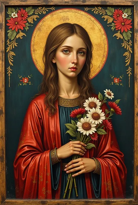 Old orthodoxe painting of Aicha with flowers in a frame, in a sacred orthodoxe style. Icone orthodoxe. Medieval, iconographie religieuse, neo gothique.
