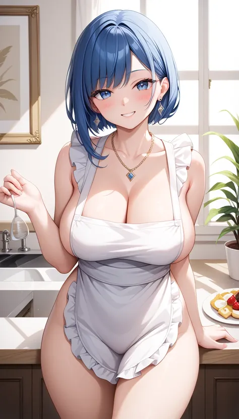 a sexy woman posing in a room wearing an outfit and white underwear, 1girl, breasts, apron, jewelry, solo, large breasts, naked apron, smile, looking at viewer, necklace, bangs, earrings, indoors, blue hair, thighs, blush, collarbone, sidelocks, cleavage ,...