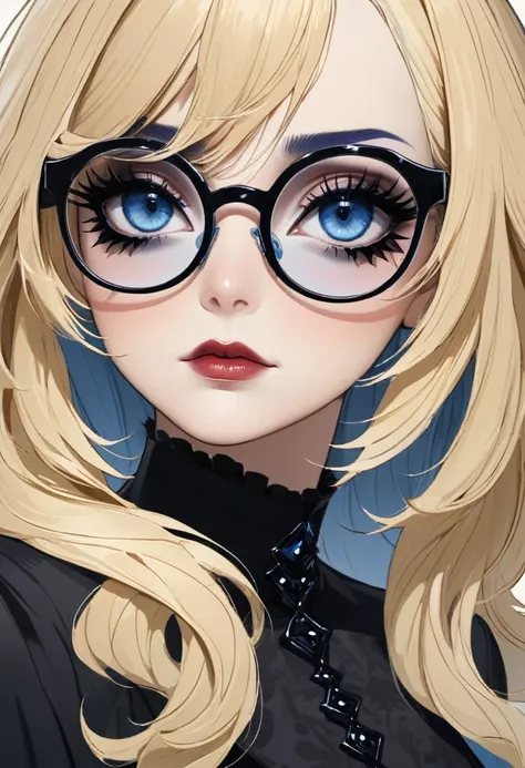 Femme blonde grand yeux bleues a lunettes, gothique , maquillage noir ,50 ans , gothique 

