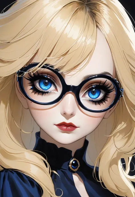 Femme blonde grand yeux bleues a lunettes, gothique , maquillage noir ,50 ans , gothique 

