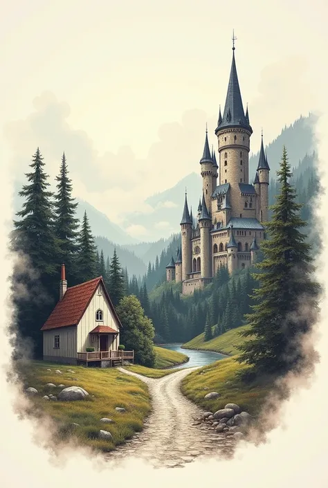 the picture shows a broad line drawing of a split image, on which on one side you can see a small village bakery standing in a forest and on the other side a huge castle in a kingdom. the two buildings meet in the middle and merge 