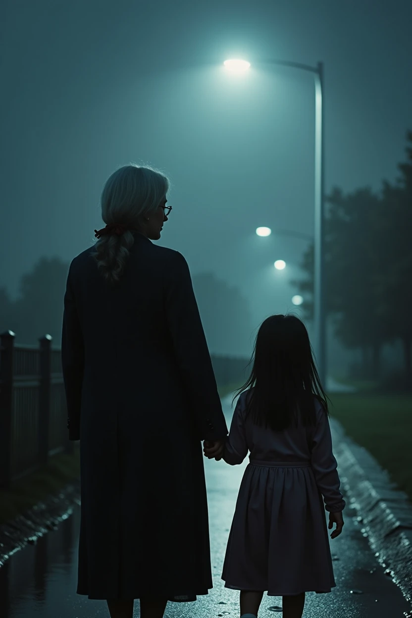 An elderly woman holding her young daughter with straight hair by the hand and a stormy and rainy night in the background