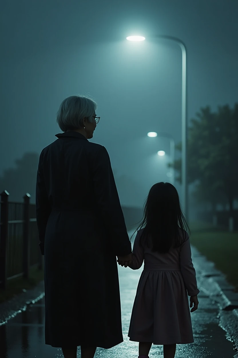 An elderly woman holding her young daughter with straight hair by the hand and a stormy and rainy night in the background