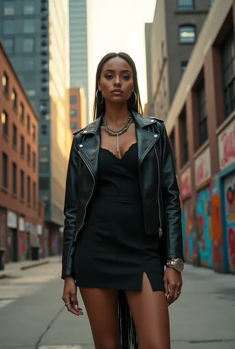 A strong-featured female model stands confidently against a gritty urban backdrop, framed by sleek skyscrapers and vibrant street art. Her stylish leather jacket adds a rebellious touch to her sleek black dress, while ankle boots and statement jewelry comp...