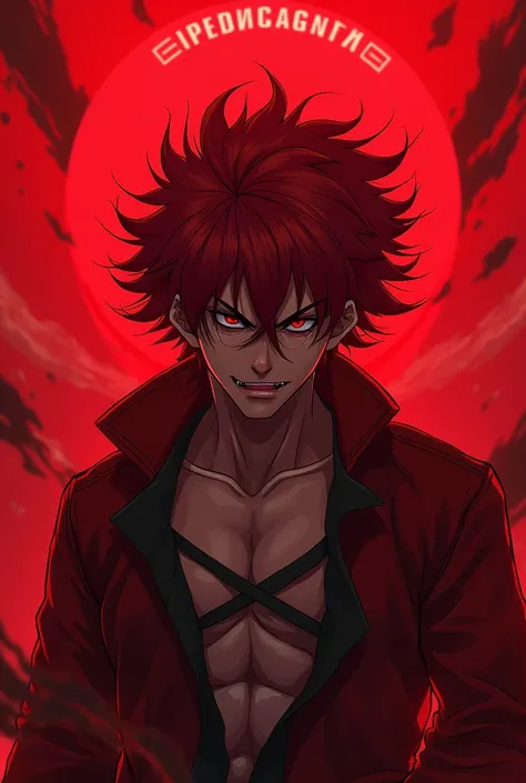 realistic anime‚ red hair‚ crazy‚ red background‚ logo REDGANGSTA in background