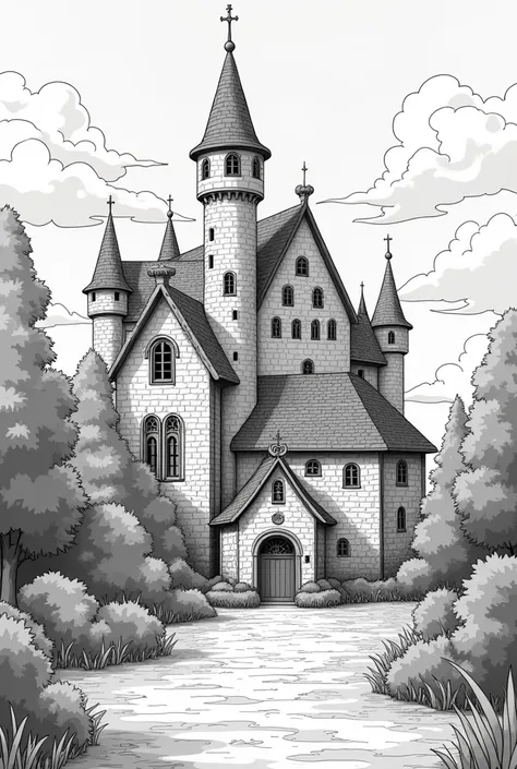 the picture shows a broad line drawing in anime style of a split image, on which on one side you can see a small village bakery standing in a forest and on the other side a huge castle in a kingdom. the two buildings meet in the middle and merge there by h...