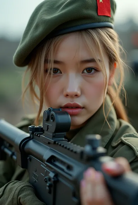 Asian woman in tank top holding gun, Beautiful Female Soldier, beautiful south korean woman, Military Girl, Silent from solid metal gear, Military Girl, With a rifle., Perfect military peace, jaeyeon nam, closeup portrait shot, Silence from solid metal gea...