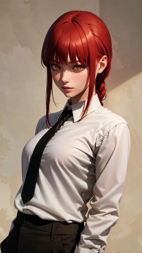 best quality, masterpiece, highres, 8k, photorealistic, original, extremely detailed wallpaper, (ultra-detailed), (best illustration), (best shadow), 1girl, (upper body:1.4), makima, red hair, yellow eyes, standing, braided ponytail, ringed eyes, collared ...