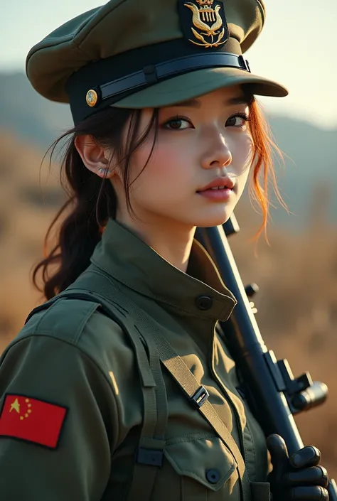 Asian woman in tank top holding gun, Beautiful Female Soldier, beautiful south korean woman, Military Girl, Silent from solid metal gear, Military Girl, With a rifle., Perfect military peace, jaeyeon nam, closeup portrait shot, Silence from solid metal gea...