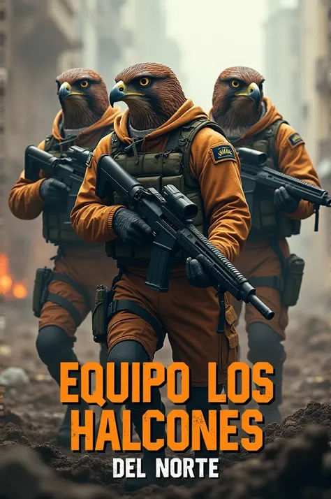 Create three falcons dressed as special commandos with a Mac machine gun in their hands in the middle of the war and that below in a text in Spanish says team the falcons of the North in orange and white