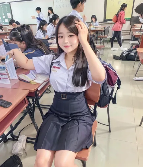 there was a woman sitting at a table with a laptop., wearing ชุดstudent, young woman wearing uniform, wearing a ชุดstudent, เด็ก...