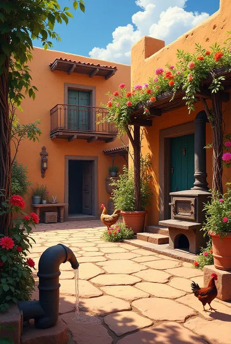 An image of a courtyard of an old bareque house, that has a fence of sticks with wires with lots of flowers, a coral and chickens, a wood stove, a kiosk, and a tube throwing water 