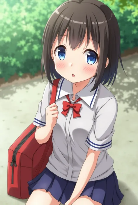 Japanese,10 years old,Innocent face,Teenage Girl,cute,Primary school students,Private elementary school,uniform,carrying a red school bag,Summer clothes,Sitting,((Show off your cleavage:1.1))