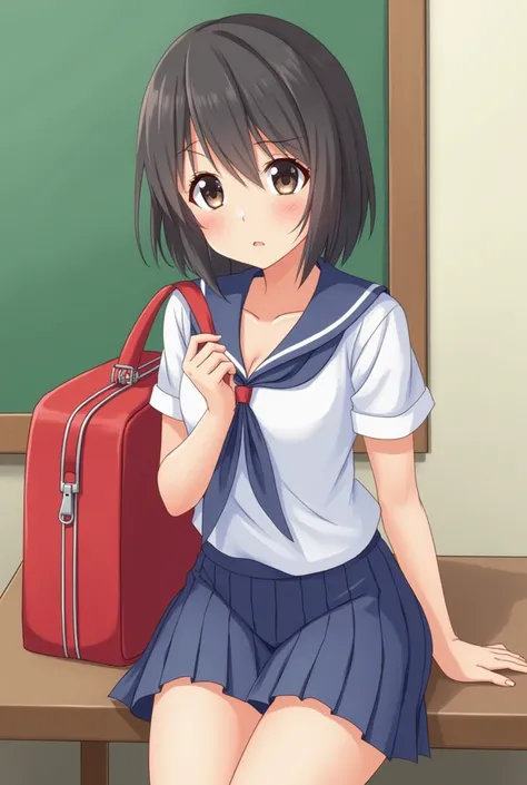 Japanese,10 years old,Innocent face,Teenage Girl,cute,Primary school students,Private elementary school,uniform,carrying a red school bag,Summer clothes,Sitting,((Show off your cleavage:1.1))