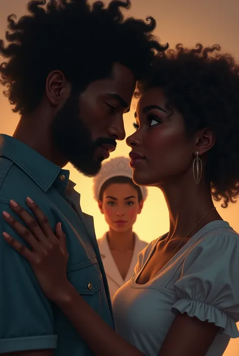 A handsome  black American with curlyshort hairtouching on his head looking stressed out but a beautiful black American maid with curly hair comforting him beside him on the other side thereisawomanlookingthem with jealous