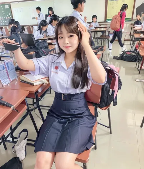 there was a woman sitting at a table with a laptop., wearing ชุดstudent, young woman wearing uniform, wearing a ชุดstudent, เด็ก...