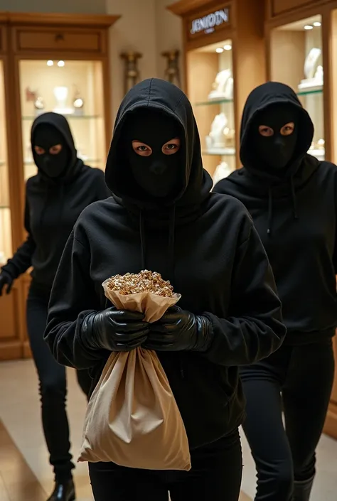 Une équipe 4 Famme entrain de faire un braquage dans une bijouterie avec un sac de bijoux  et portant une cagoule avec des trou 