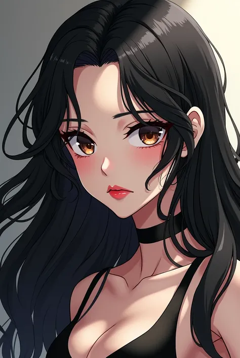 White anime girl style female character, long black wavy hair, with brown eyes and an intimidating look, red mouth.