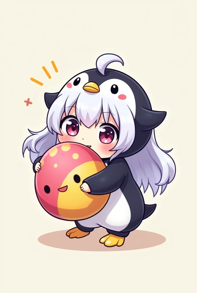 Chibi anime girl in penguin costume white hair hugging an egg for twich logos 
