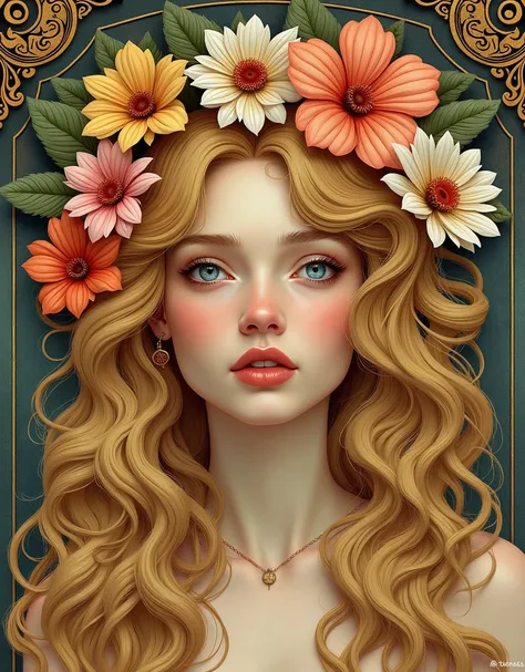 European womans face portrait, long curly hair, blonde, flower frame, decorative panel, abstract art, by Alphonse Mucha (masterpiece, highest quality, high resolution: 1.4), detailed, intricate details, 4K, color splash, line art, Fibonacci, in underwear