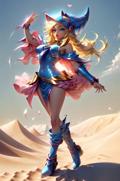 Dark magician gils dressed as the sand goddess from Saint Seiya. Vestido white, tight, white. blond hair. blue eyes. Red lips. Whole body. Athena background. Sensual and innocent pose. Magic circle around you. Magic of the heart in the air. 