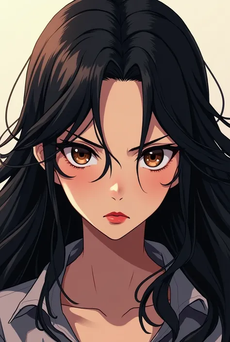 White anime girl style female character, long black wavy hair, with brown eyes and an intimidating look, red mouth.